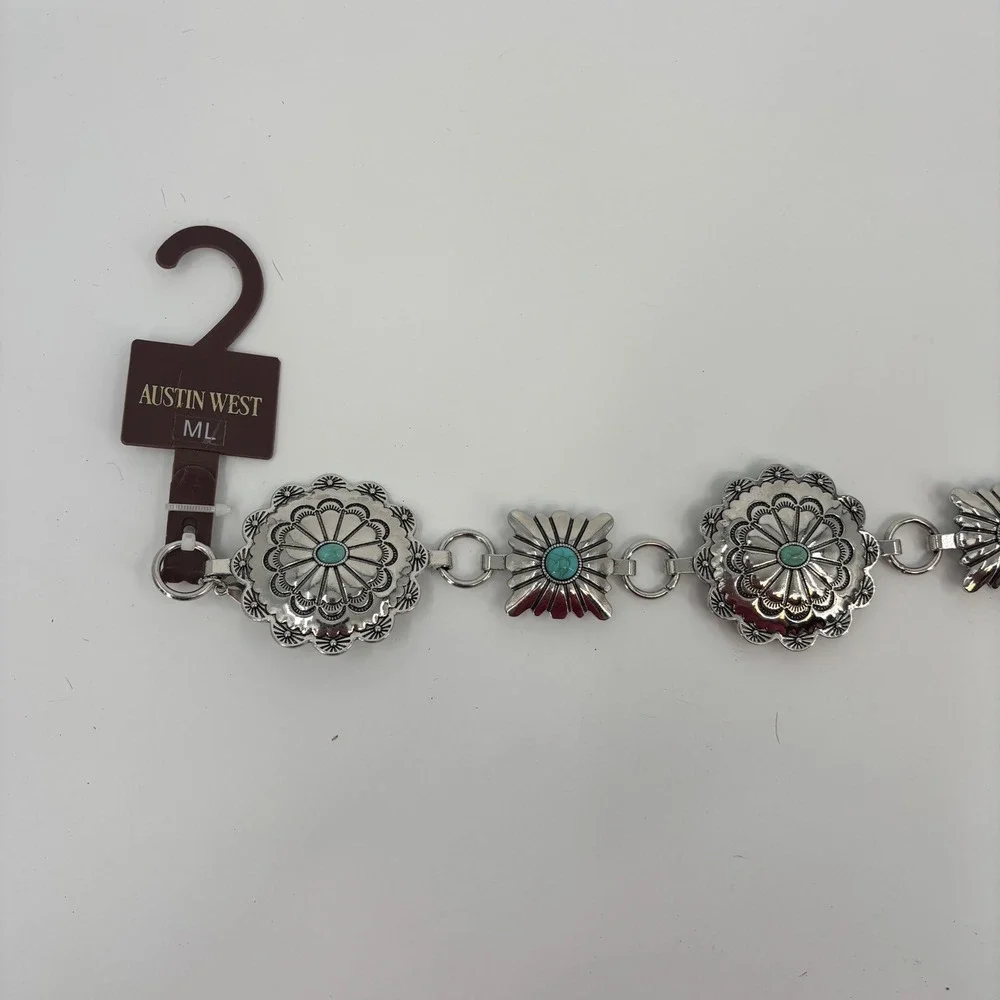 Austin West Concho Chain Belt Women XL Silver Turquoise Southwestern Adjustable